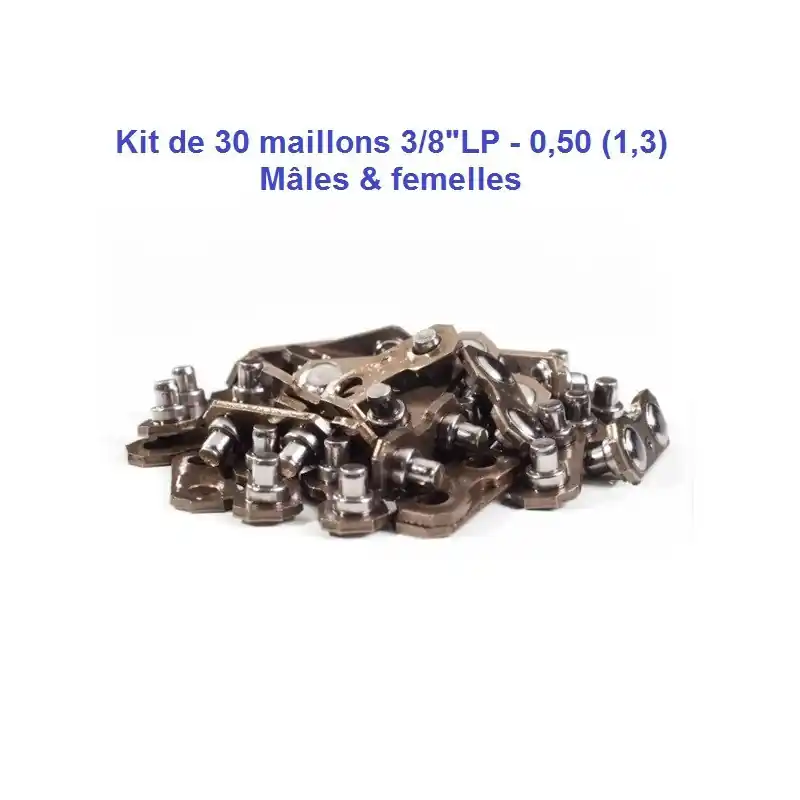 Certifié Kit de 30 maillons chaîne tronçonneuse 3/8"LP, 0,50 (1,3) mâles & femelles