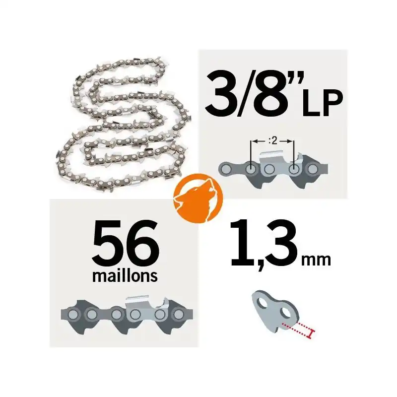 Vente Flash Chaîne tronçonneuse 3/8&Prime;LP. 1,3 mm. 56 maillons Kerwood