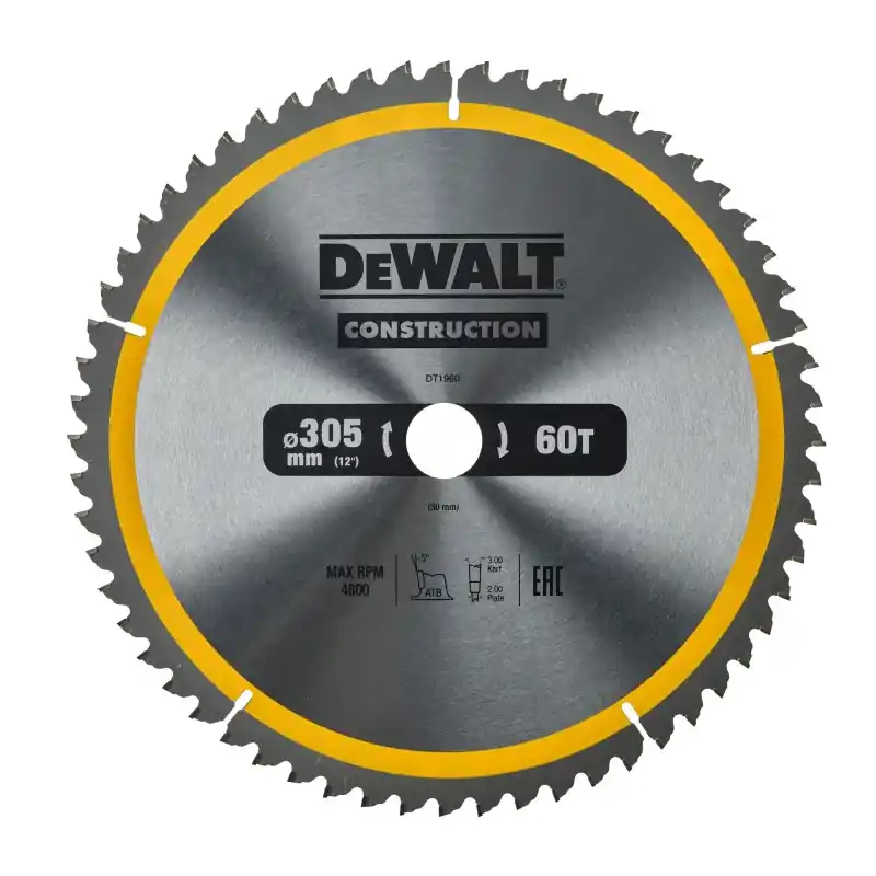 Lames de scie circulaire stationnaire DEWALT DT1960-QZ Carbure 305x30mm, 60 dents, ATB/Tronçonnage Promotion Saisonnière