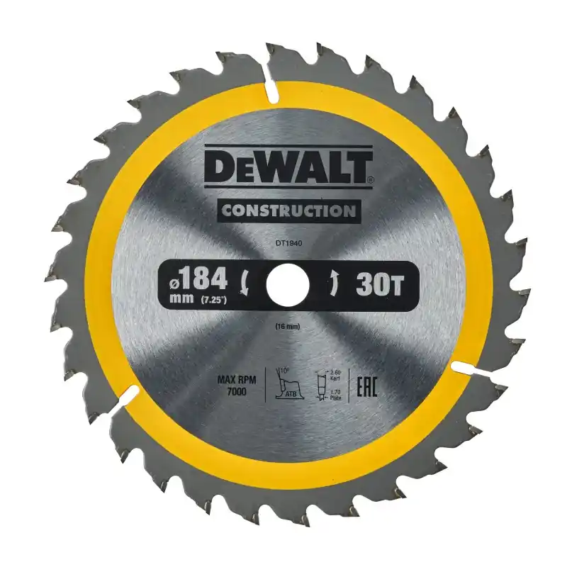 Dernière Chance Lame de scie circulaire portative DEWALT DT1940-QZ Carbure 184x16mm 30 dents ATB/Tronçonnage
