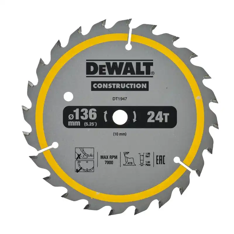 Lame de scie circulaire sans fil DEWALT DT1947-QZ Carbure Construction 136x10mm 24 dents ATB/Tronçonnage Pas Cher