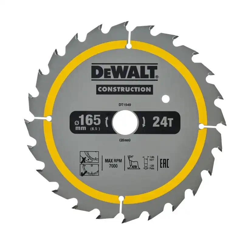 Authentique Lame de scie circulaire sans fil DEWALT DT1949-QZ Carbure Construction 165x20mm 24 dents ATB/Délignage