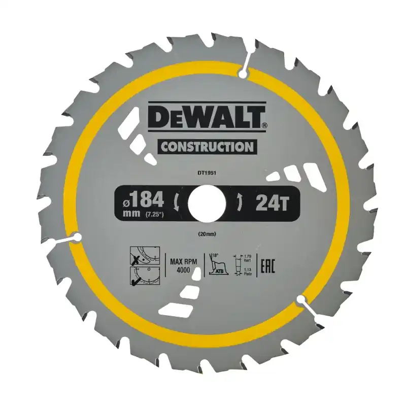 Lame de scie circulaire sans fil DEWALT DT1951-QZ Carbure Construction 184x20mm 24 dents ATB/Tronçonnage Authentique