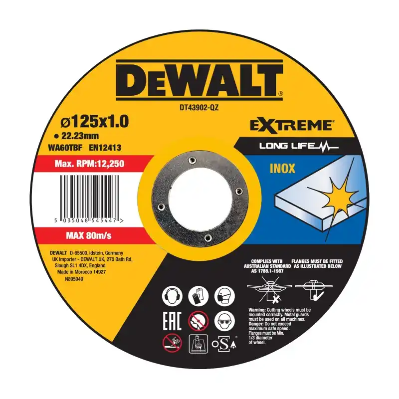 Usine Directe Disque à tronçonner DEWALT DT43902-QZ Inox 125×22,2mm Épaisseur 1mm