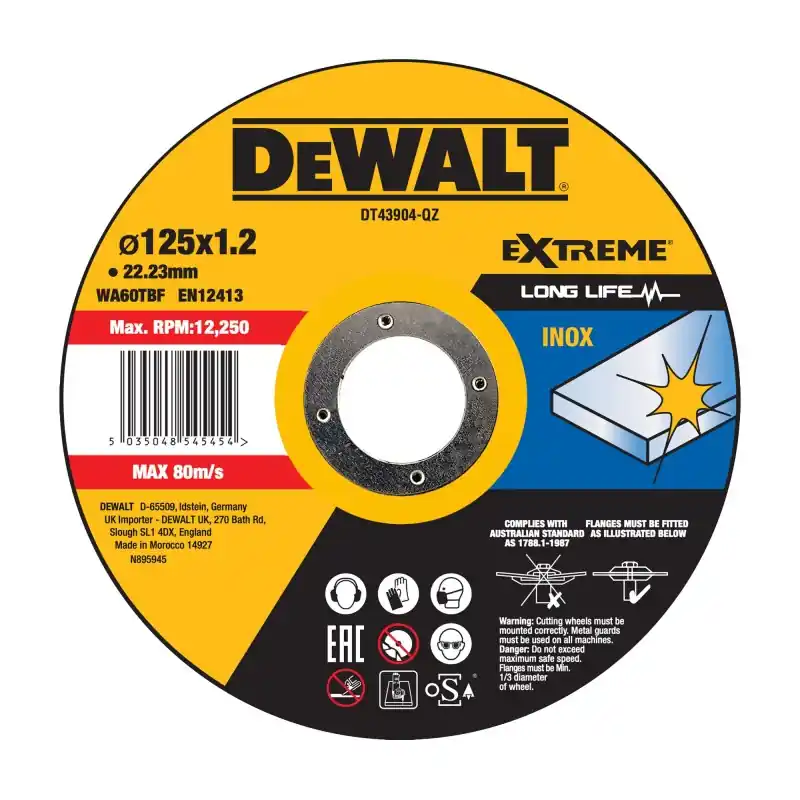 Réduction Disque à tronçonner l‘inox DEWALT DT43904-QZ 125×22,2mm, épaisseur 1.2mm