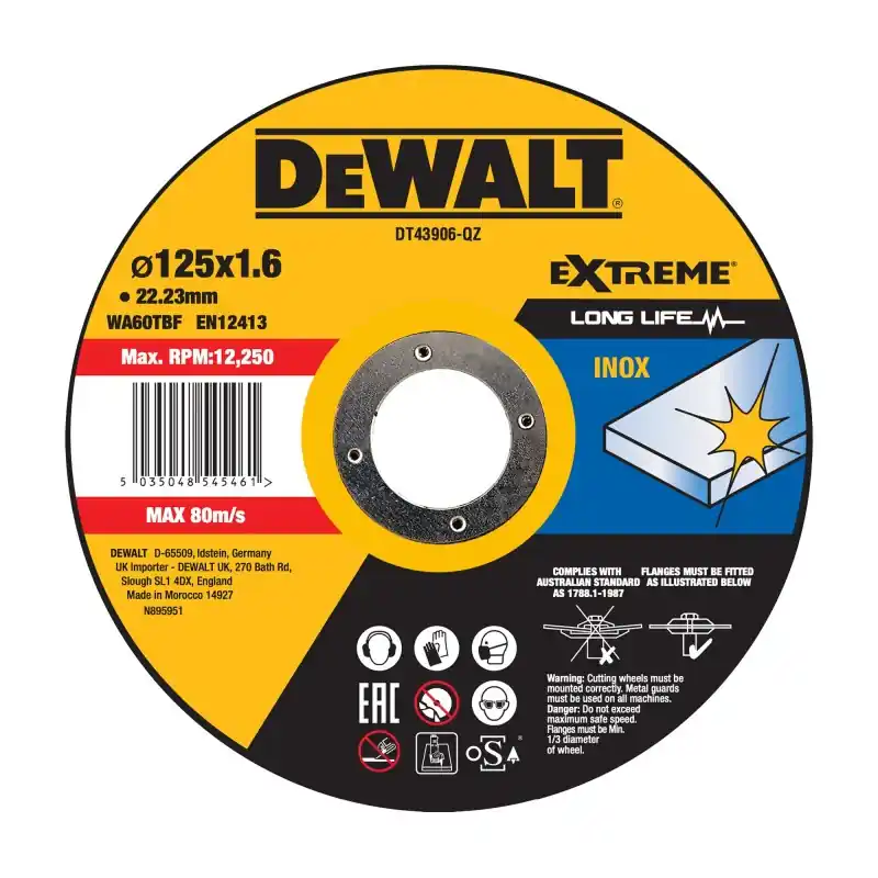 Haute Qualité Disque à tronçonner l‘inox DEWALT DT43906-QZ 125×22,2mm, épaisseur 1.6mm