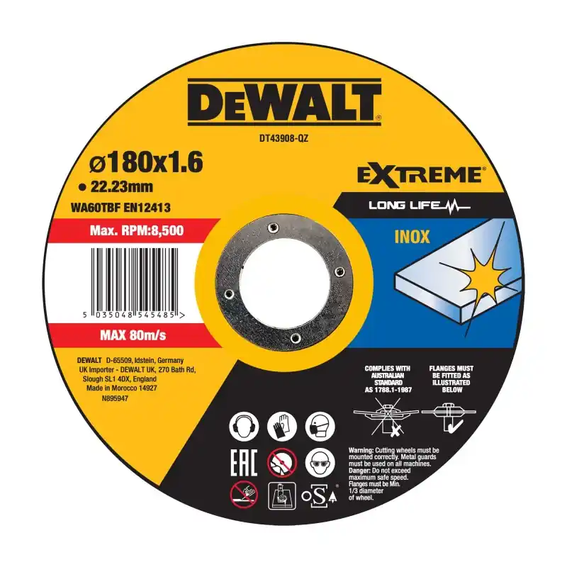 Expédition Rapide Disque à tronçonner l‘inox DEWALT DT43908-QZ 180×22,2mm épaisseur 1.6mm