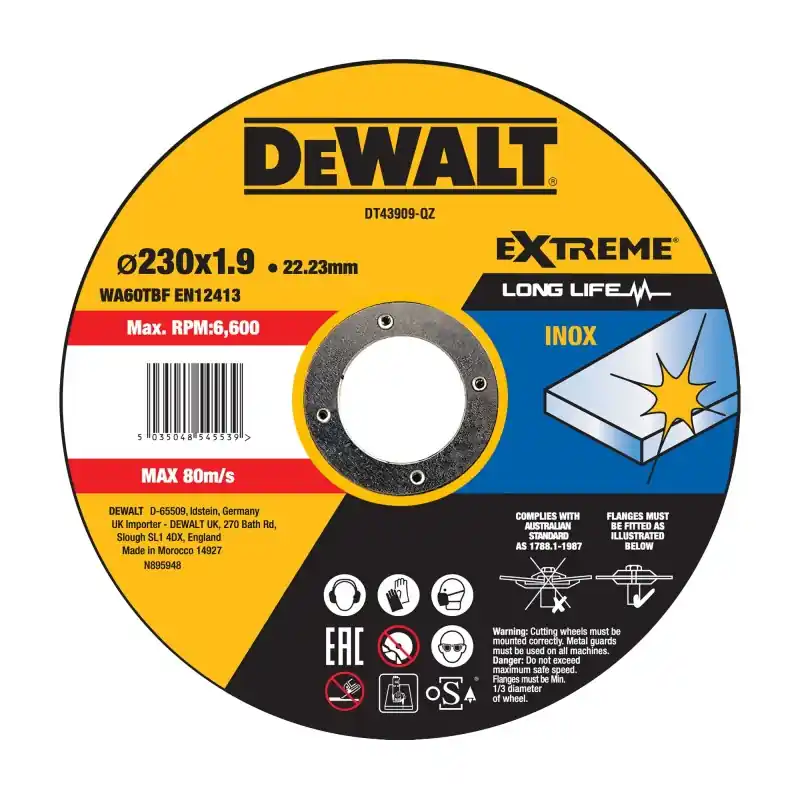 Disque à tronçonner l‘inox DEWALT DT43909-QZ 230×22,2mm, épaisseur 1.9mm Top Vente