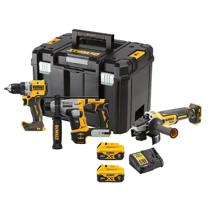 Pack 3 outils 18V DEWALT DCK355P2T-QW Brushless – Perceuse + perforateur + meuleuse + 2 batteries 5Ah Li-Ion + Coffret Dernier Modèle
