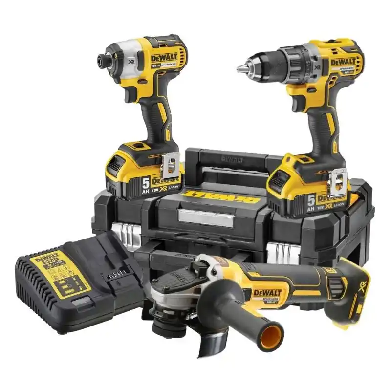 Pack 3 outils 18V DEWALT DCK384P2T-QW perceuse-visseuse à percussion DCD796, meuleuse Ø125mm DCG405 et visseuse à choc DCF887 avec 2 coffrets et 2 batteries Prix Réduit