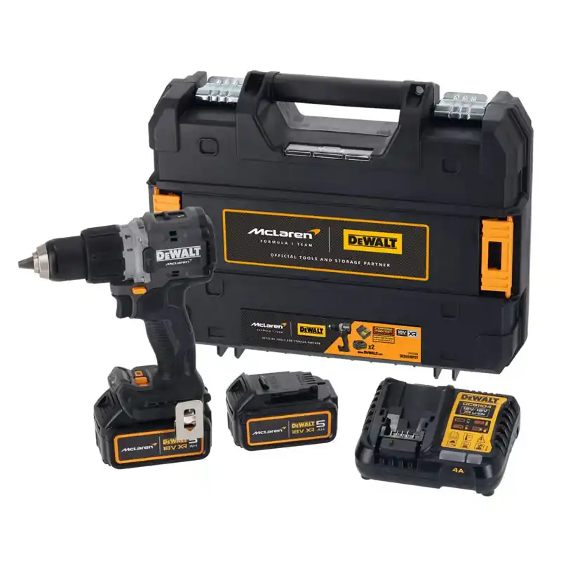 Produit De Marque Perceuse Visseuse Percussion XR 18V Brushless Dewalt DCD85MP2T-QW Édition Limitée McLaren Livrée Avec 2 Batteries 5Ah Li-Ion, 1 Chargeur en Coffret TSTAK