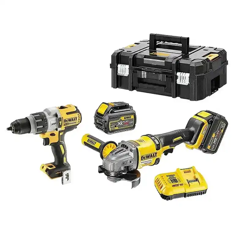 Bon Marché Pack 2 outils 54V DEWALT DCK2055T2-QW Perceuse-visseuse à percussion DCD996 et Meuleuse Ø125mm DCG414 avec coffret et 2 Batteries 6,0 Ah FLEXVOLT