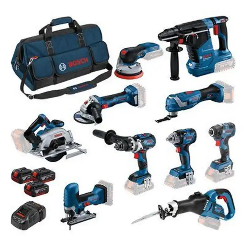 Pack 10 outils 18V – BOSCH 0 615 A50 04G Professional – Livré avec 3 batteries 18V 5.Ah Li-Ion + chargeur et sac de transport Jusqu&rsquo;à Épuisement Des Stocks