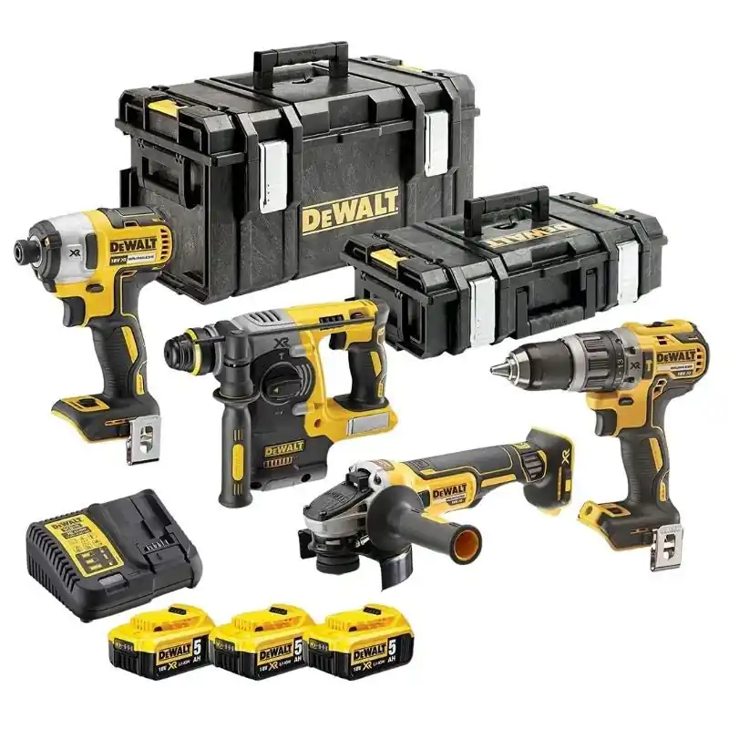 Livraison Express Pack 4 machines DEWALT DCK422P3 perceuse (DCD796), visseuse à choc (DCF887), perforateur (DCH273) et meuleuse Ø125mm (DCG405) avec 2 coffrets Toughsystem et 3 batteries 5,0 Ah 18V