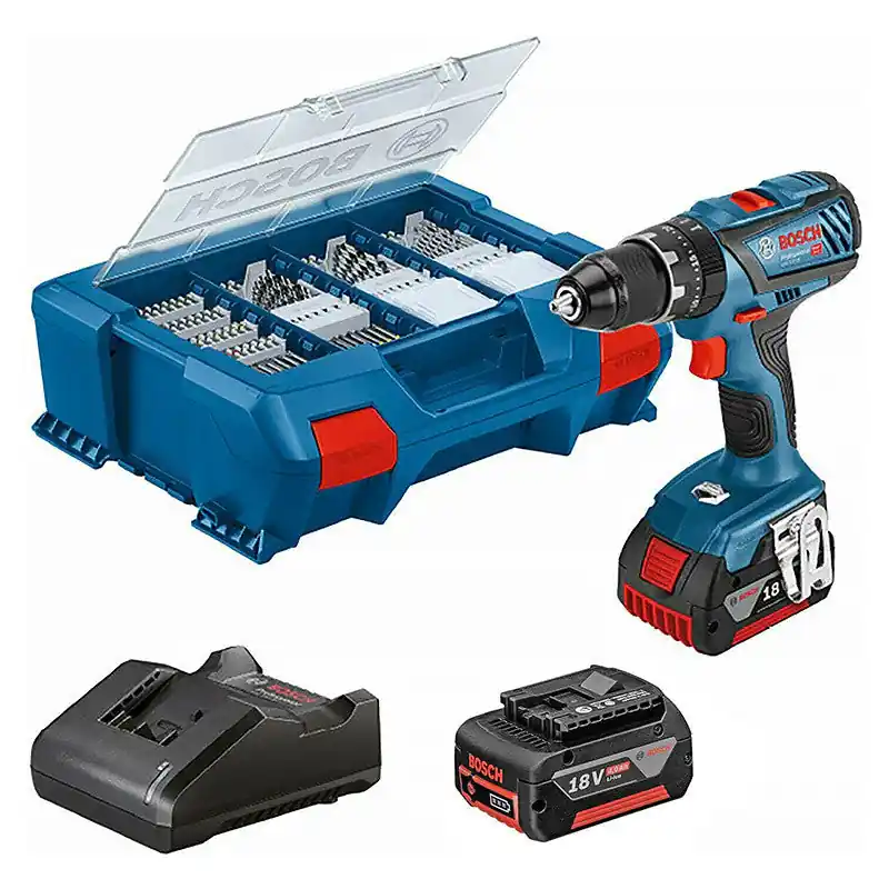 Meilleure Vente Perceuse Visseuse à percussion sans fil BOSCH 06019H110C GSB 18V-21 Professional (2 x 4,0Ah) avec 82 accessoires
