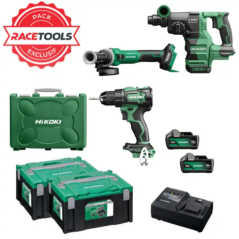 Pack 3 outils Hikoki Perceuse + perforateur + meuleuse 18V Brushless KCRT04 (DS18DE + DH1826DA + G1813DVE + 2 batteries 5 Ah + chargeur) Super Prix