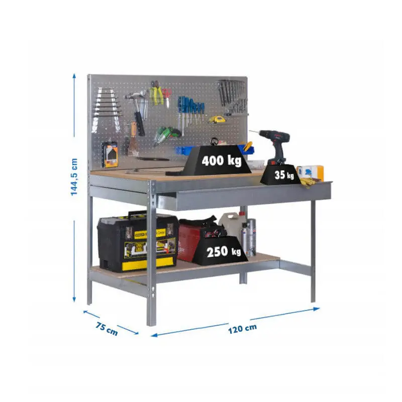 Meilleur Choix Etabli de travail 1200mm – SIMONRACK – BT2 BOX 1200 – 2 tablettes 1 tiroir et panneau percé