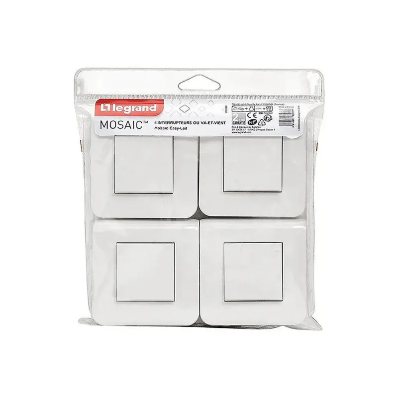 Prix Réduit Pack de 4 interrupteurs complets avec plaque LEGRAND Mosaic 10A blanc